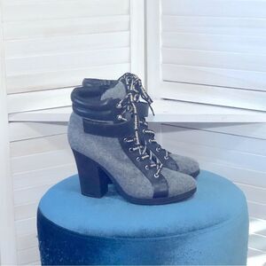 Juicy Couture Gray Wool Black Vegan Leather Boots 8.5
